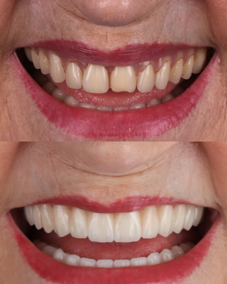 Antes e depois de paciente com implantes nas duas arcadas